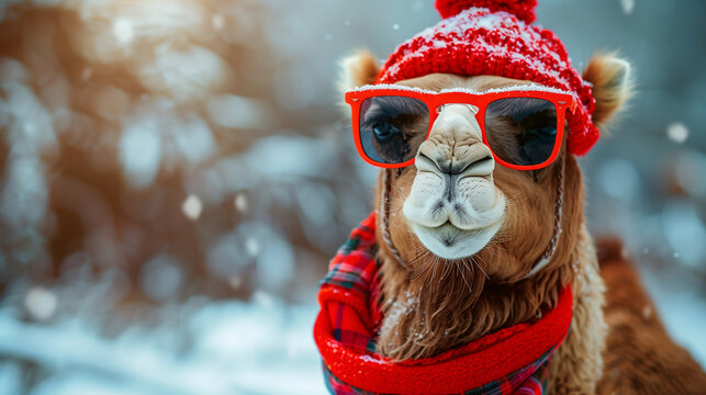 Adorable camel wearing sunglasses and cozy winter attire, including a knitted hat and scarf, in a snowy outdoor scene.