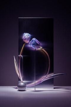 two blossoming plants growing out of silver sphere