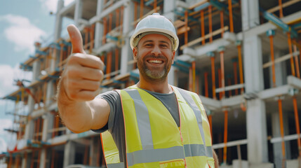Happy construction worker in a yellow helmet and orange vest giving thumbs up, showcasing enthusiasm and positivity on a building site.