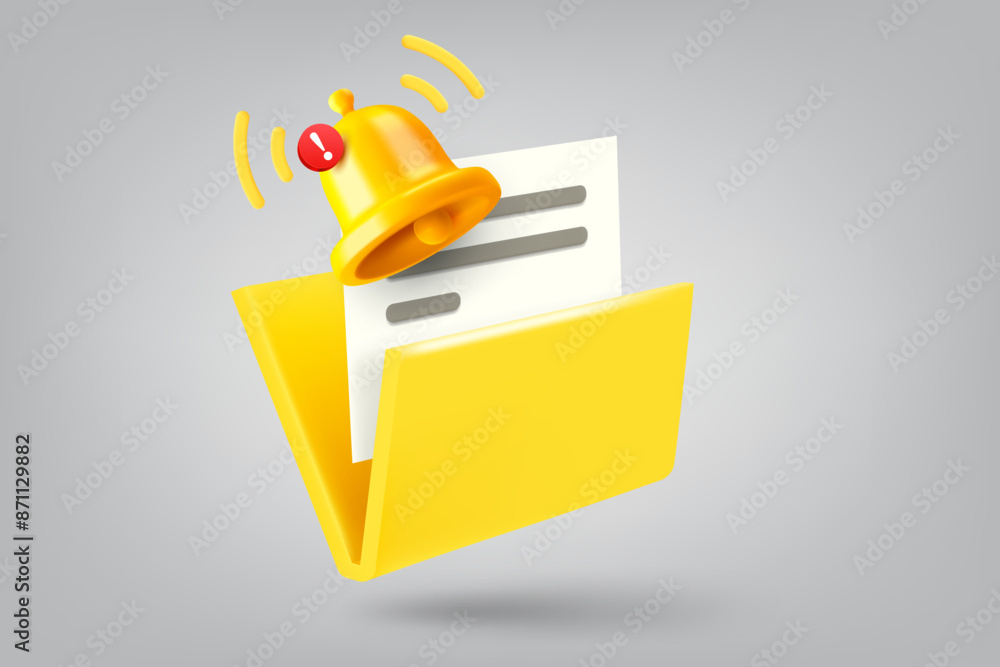 Poster folder with paper document and notification bell. 3d vector illustration