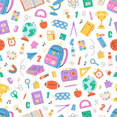 Seamless pattern with school supplies. Back to school. Vector illustration in flat style