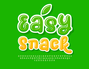 Vector eco advertising Easy Snac. Green Glossy Font. Playful bright Alphabet Letters and Numbers set.