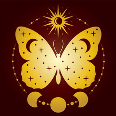 Majestic Lunar Pollinator Artistry. Tarot Card Back. Western Esotericism. Celestial Symphony. Radiant Butterfly Wings with Sun and Moon. Ethereal Beauty.