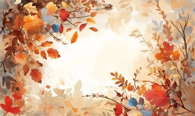 Autumn frame with yellow maple leaves and pumpkins on yellow background. Watercolor illustration. Thanksgiving and Halloween day banner. Flat lay, top view, border with copy space