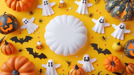 A simple white pumpkin is at the center of various Halloween decorations including ghosts and bats, set against a bright orange background, emphasizing a fun and festive atmosphere.