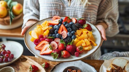 A vibrant platter containing an assortment of fresh fruits including strawberries, oranges, blueberries, and raspberries, offering a colorful and healthy treat.