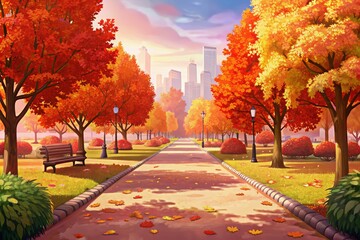 A city park path bathed in autumns golden hues