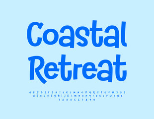 Vector travel logo Coastal Retreat. Playful Blue Font. Bright Funny Alphabet Letters and Numbers set. 