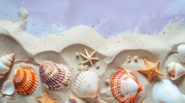 A picturesque scene displaying a collection of seashells scattered along a sandy beach near the shoreline, evoking a sense of tranquility and connection with nature.