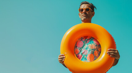 Interesting summer photo of a man with an inflatable ring