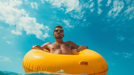 Interesting summer photo of a man with an inflatable ring