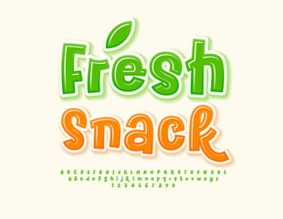 Vector eco template Fresh Snack. Funny Green Font. Glossy Playful Alphabet Letters and Numbers set