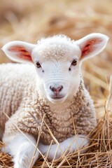 Obraz premium Close-up of a young lamb in a field of dry grass symbolizing agriculture. Young lamb looking attentively in the soft sunlight.