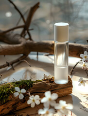 A bottle of perfume, containing liquid cosmetics, rests on a wooden surface beside a bouquet of cut flowers. The glass bottle contrasts with the natural elements of the plant and wood