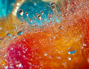 Bright abstract colorful liquid background with drops, splash and bubbles