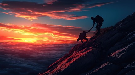 Teamwork Triumph: Silhouetted Hikers at Sunset