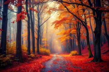 A winding path through a golden and red autumn forest