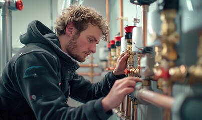 Fototapeta premium Plumber Performing Maintenance on a Heating System