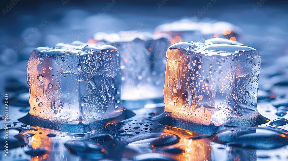 Poster a close-up shot of ice cubes with water droplets, illuminated by blue lighting, creating a refreshin