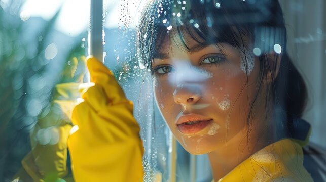 A close-up view of someone cleaning a window with yellow gloves and soapy water, reflecting the diligence and care put into maintaining a spotless and shiny environment.