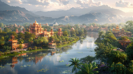 Serene Beauty of Lumbini: 8K Image Capturing the Birthplace of Buddha Surrounded by Ancient Ruins and Colorful Gardens, Emanating Peaceful Vibes