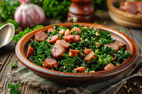 Classic northern German dish curly kale with pork bacon and sausages