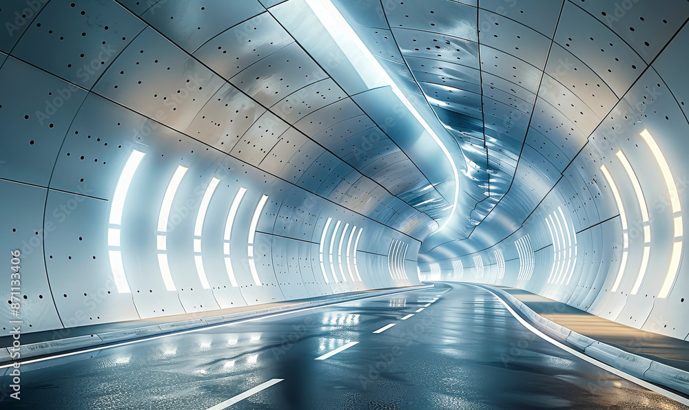 Poster futuristic 3d architectural tunnel highway rendering - empty asphalt road, sci-fi infrastructure con