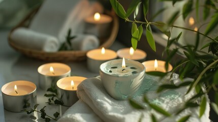 Lit Candles With Green Plant in a Relaxing Bathroom Setting