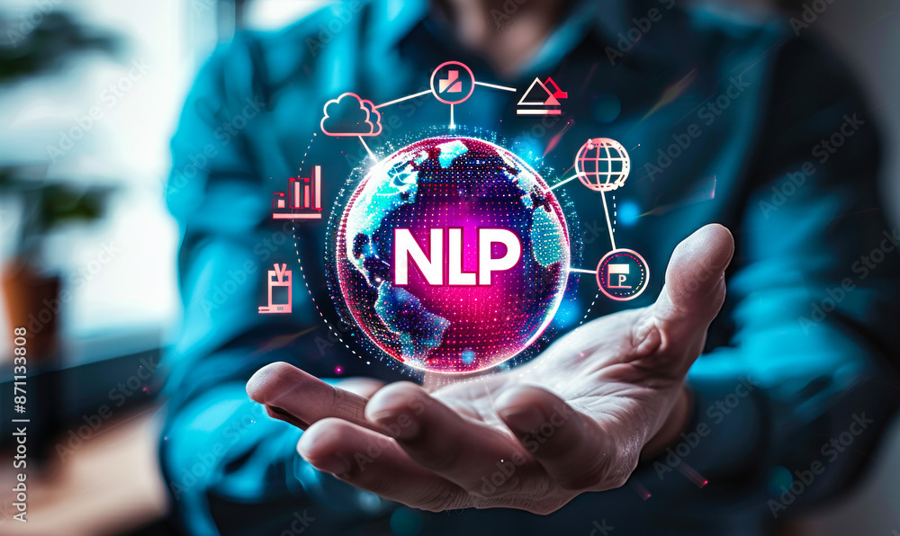 Poster person holding holographic sphere displaying nlp and technology icons, concept of natural language p