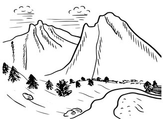 Doodle with landsape with mountains, trees, road. Adventure tourism and travel sketch.