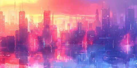 Obraz premium Abstract urban skyline with skyscrapers and reflections in neon colors, featuring clean lines and a futuristic atmosphere
