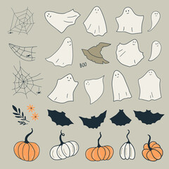 Vector set of halloween elements. Childrens cute graphics