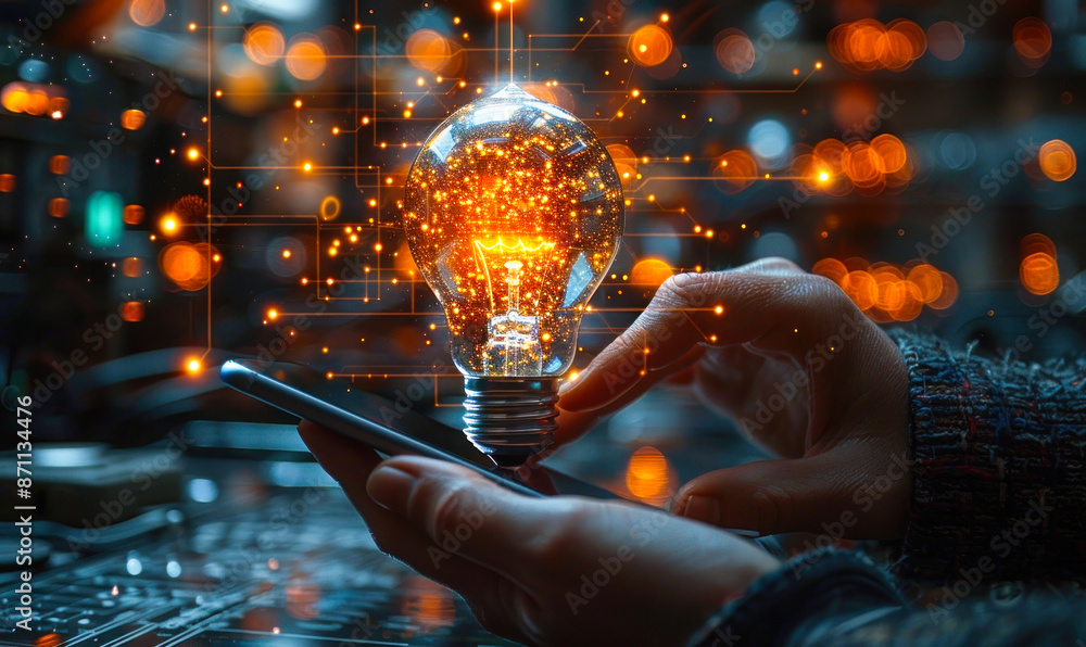 Poster innovative professional generating ideas with lightbulb icon on digital interface using smartphone a