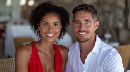 Fototapeta premium Middle-aged black woman in red dress and cheerful Hispanic man in white shirt sitting in a cafe, waist-up photo