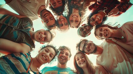 A group of diverse young people huddle together in excitement and joy. AIG535