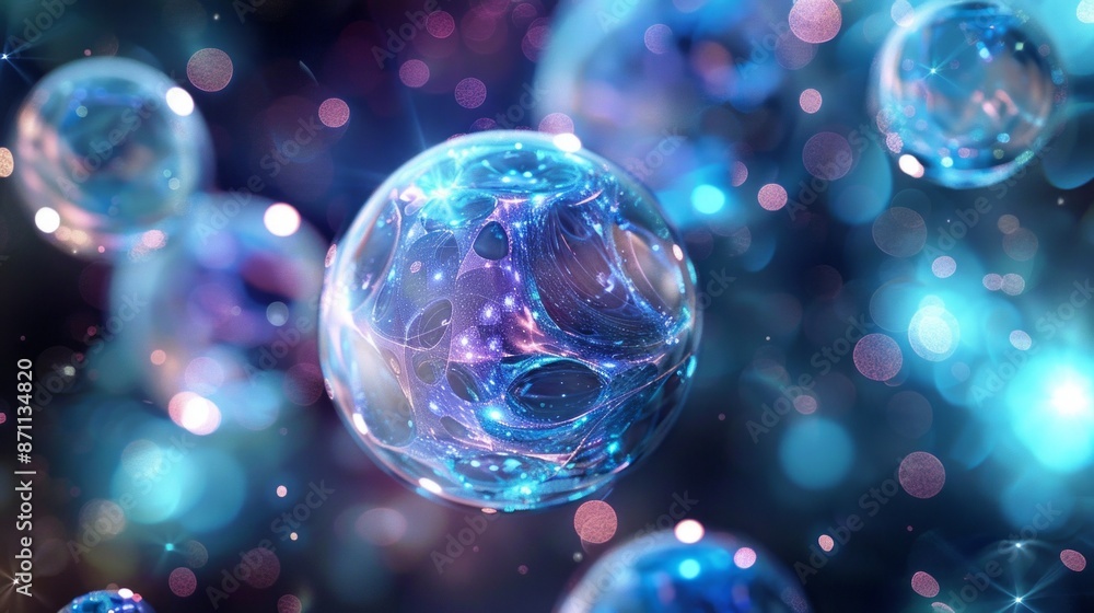 Poster an abstract, artistic image depicting luminous, swirling bubbles filled with bright light and cosmic