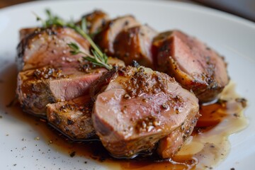 Close up of pork tenderloin on white plate