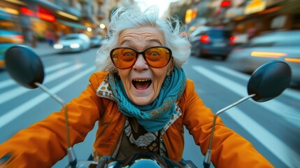 Obraz premium Joyful Senior Woman on Thrilling Motorcycle Journey