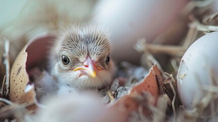 Obraz premium A captivating close-up shows a small bird just hatched from an egg. Bird with soft and delicate feathers begin to unfold.