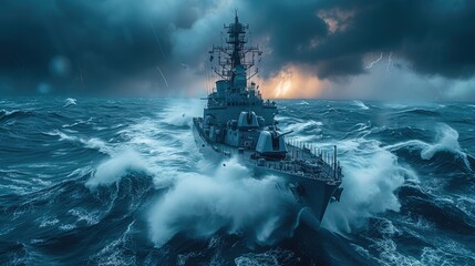Fototapeta premium Navy Destroyer in Golden Hour Light