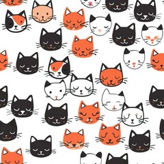 Cats seamless pattern. Colorful cartoon style cat head smile face. High quality AI generated image