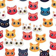 Cats seamless pattern. Colorful cartoon style cat head smile face. High quality AI generated image