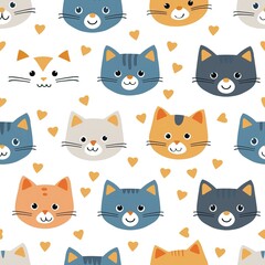 Cats seamless pattern. Colorful cartoon style cat head smile face. High quality AI generated image
