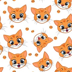 Cats seamless pattern. Colorful cartoon style cat head smile face. High quality AI generated image