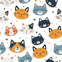 Obraz premium Cats seamless pattern. Colorful cartoon style cat head smile face. High quality AI generated image