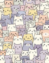 Seamless doodle cat pattern illustration. Cartoon style pastel color kittens. High quality AI generated image