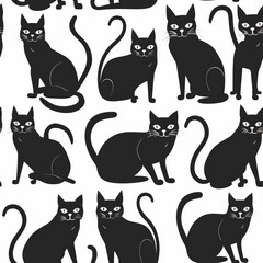 Seamless pattern of black cats background, Cartoon style black kitten illustration. High quality AI generated image