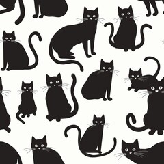 Seamless pattern of black cats background, Cartoon style black kitten illustration. High quality AI generated image