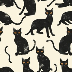 Seamless pattern of black cats background, Cartoon style black kitten illustration. High quality AI generated image