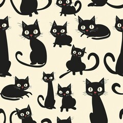 Seamless pattern of black cats background, Cartoon style black kitten illustration. High quality AI generated image